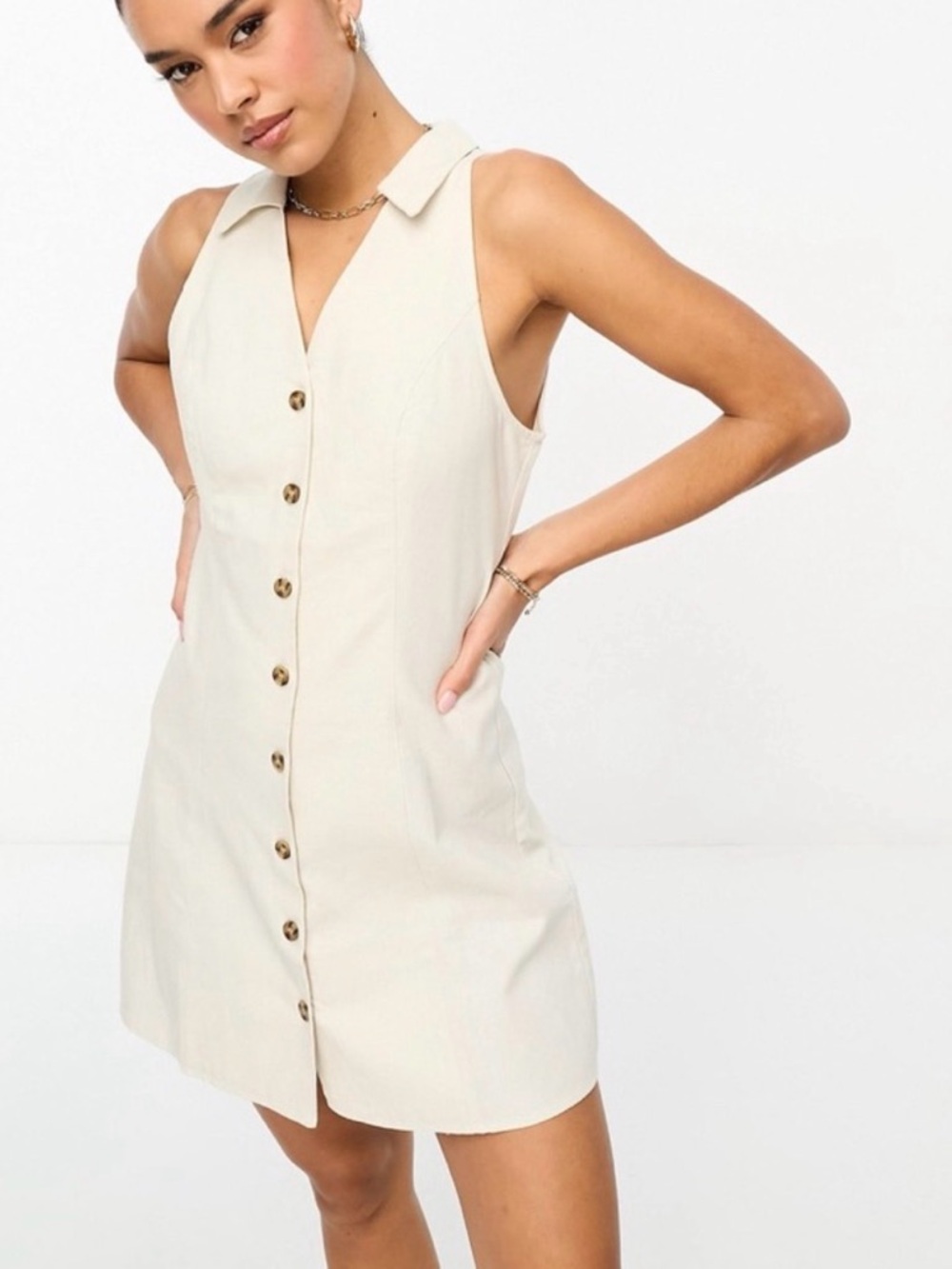 Mango Sleeveless Button-Front Mini Dress in Cream
